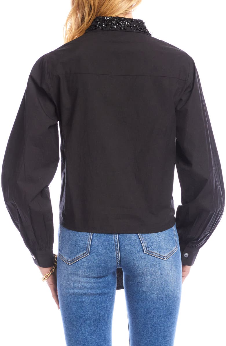 Karen Kane Tie Front Embellished Collar Cotton Button-Up Shirt, Alternate, color, Black