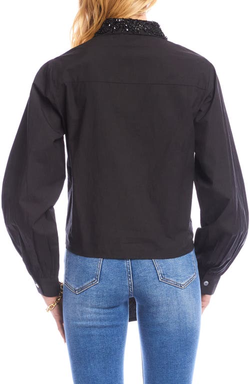 Karen Kane Tie Front Embellished Collar Cotton Button-up Shirt In Black