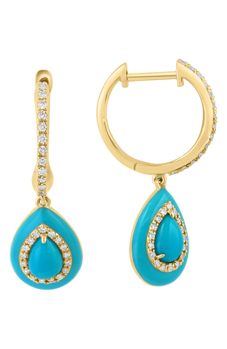 EFFY 14K Yellow Gold Diamond & Turquoise Teardrop Huggie Hoop Earrings - 0.23ct., Main, color,