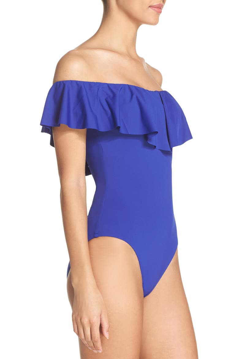 Off the Shoulder One-Piece Swimsuit, Alternate, color, INDIGO