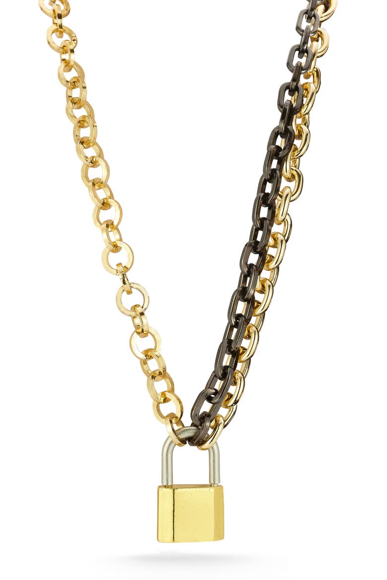 Padlock Pendant Mixed Link Necklace, Main, color, GOLD