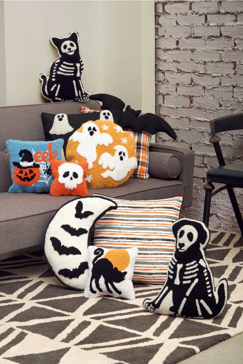 Witch Ghost & Bat "Boo" Mini Hooked Halloween Accent Pillow 12" x 12", Alternate, color, Orange
