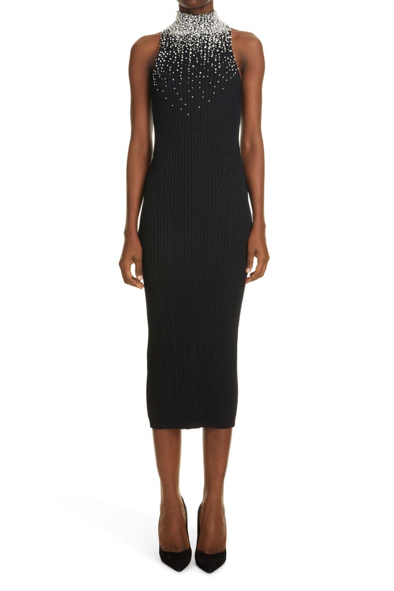 Embellished Rib Sheath Midi Dress, Main, color, BLACK