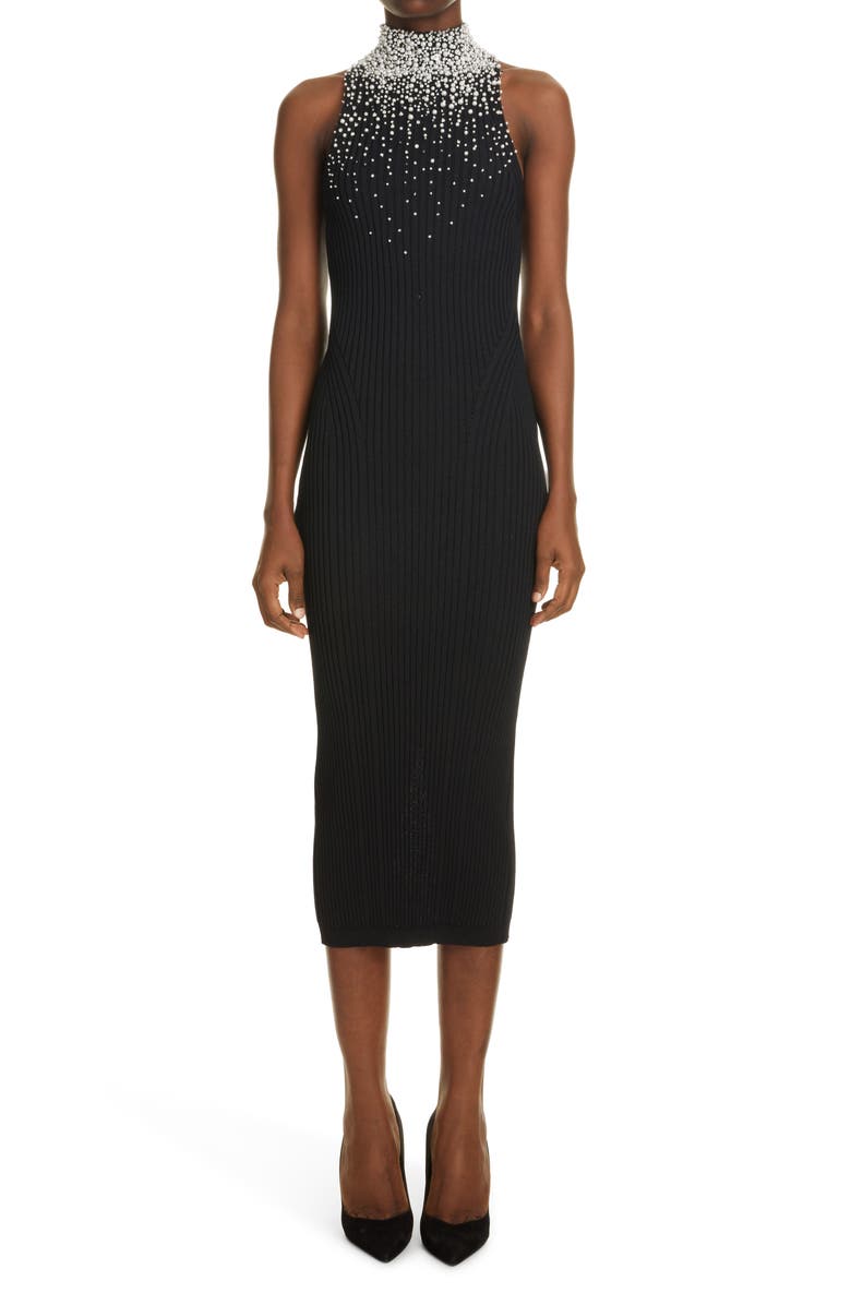 Balmain Embellished Rib Sheath Midi Dress, Main, color,