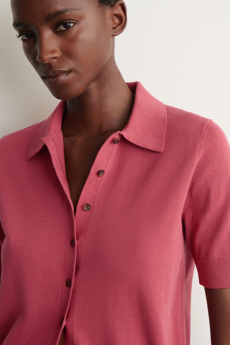 Knitted Cotton Polo Cardigan, Alternate, color, CORAL