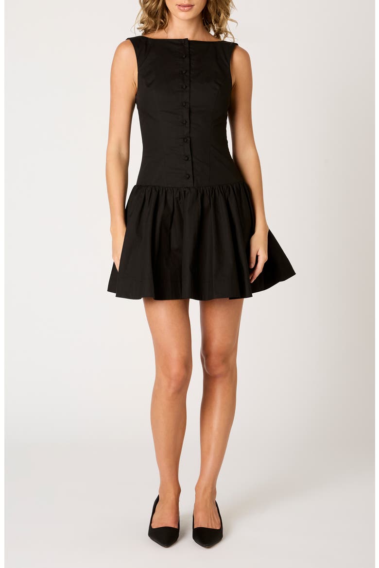 Karo Button Front Cotton Blend Fit & Flare Minidress, Main, color, BLACK