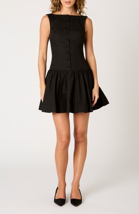 Karo Button Front Cotton Blend Fit & Flare Minidress