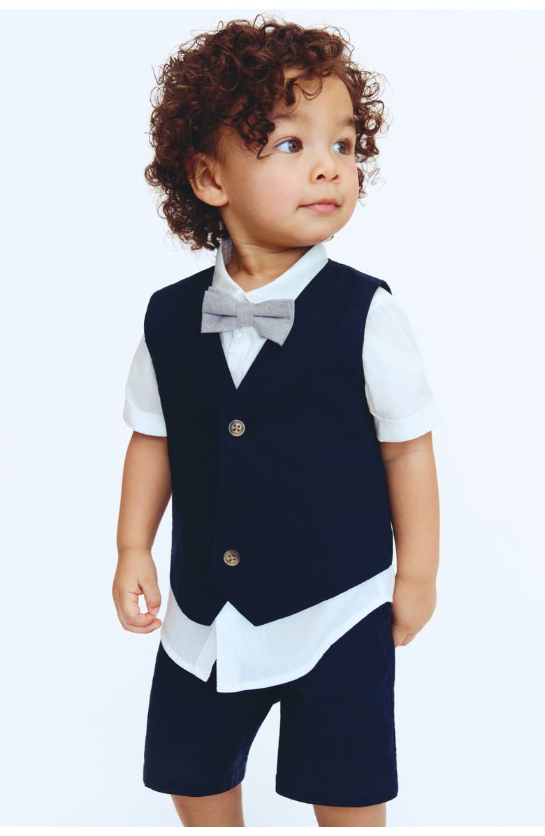 H&M 4-piece Linen-blend Dressy Set, Alternate, color, Navy Blue/White