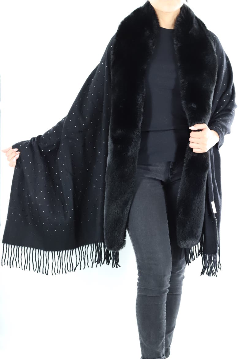 Embellished Wrap with Faux Fur, Main, color, Black