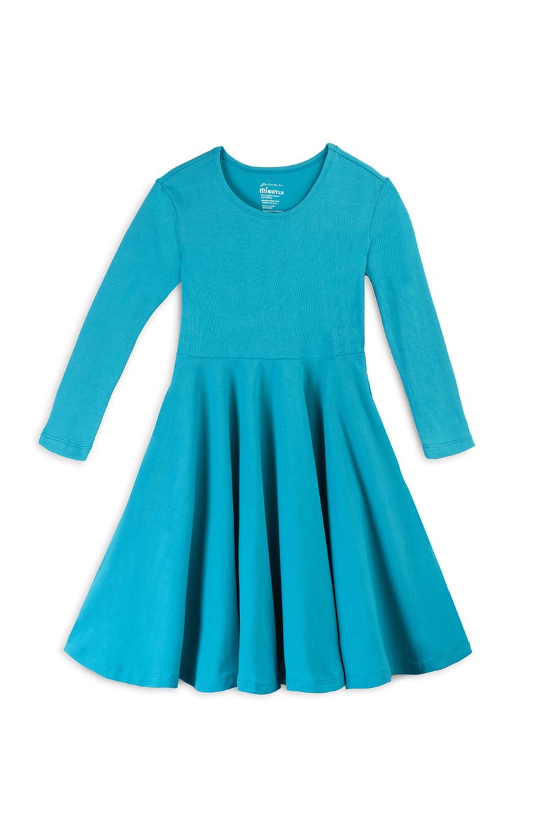 Mightly Organic Cotton 3/4 Sleeve Solid Twirl Dress, Main, color, Turquoise