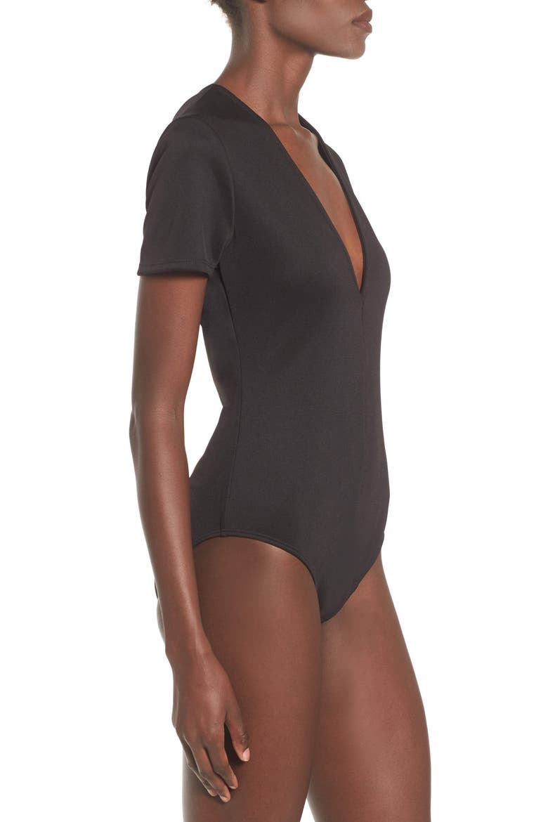 Plunge Neck Bodysuit, Alternate, color, BLACK