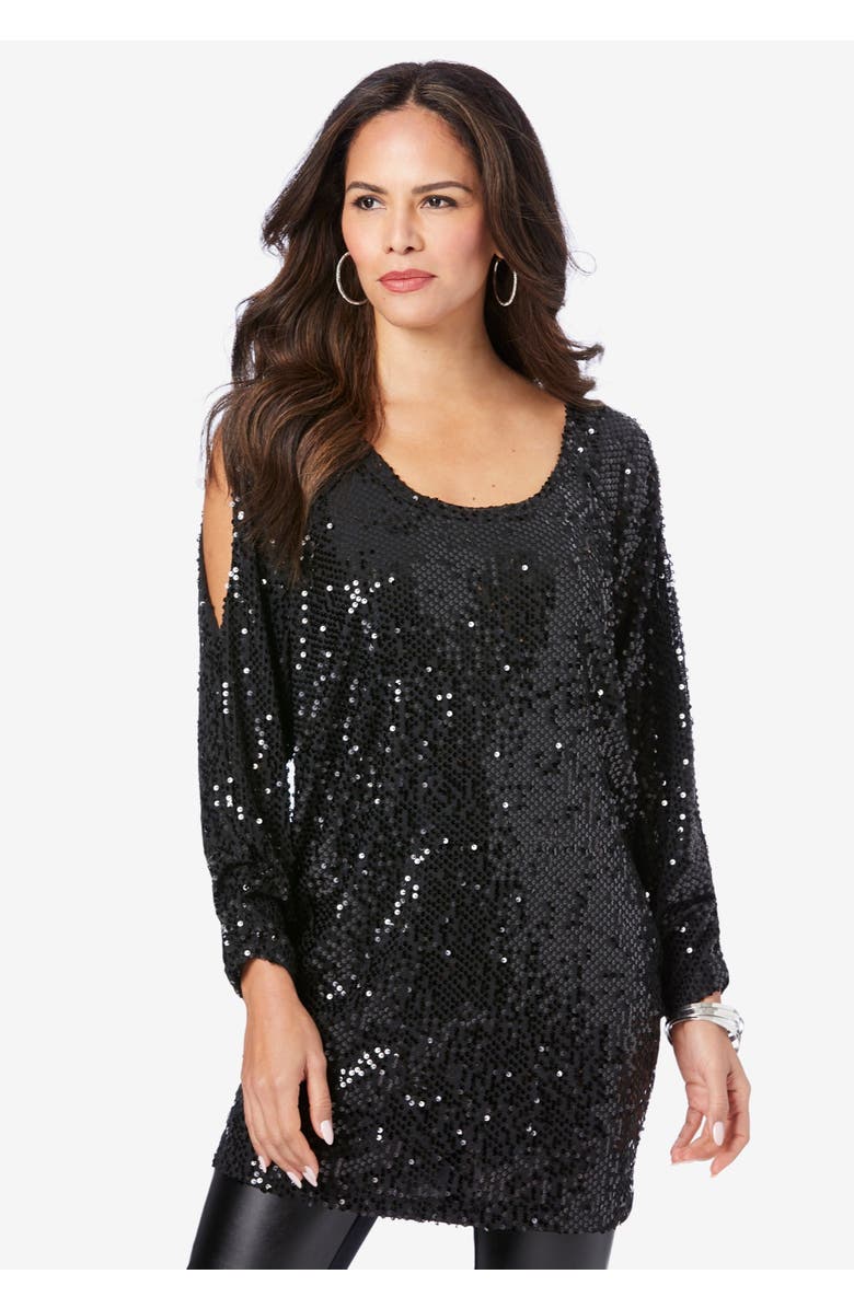Roaman's Cold-Shoulder Sequin Tunic, Alternate, color, Black