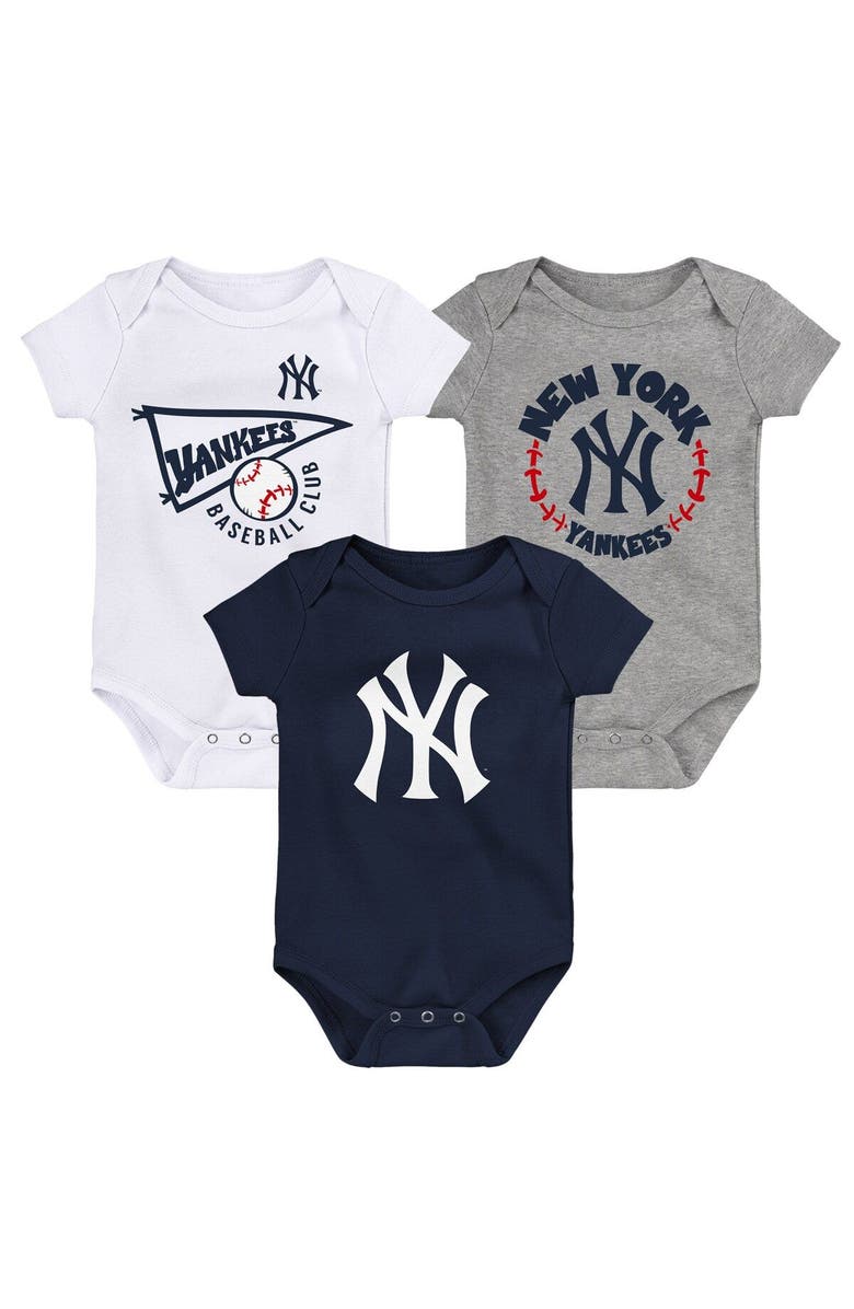 Outerstuff Infant Navy/White/Heather Gray New York Yankees Biggest Little Fan 3-Pack Bodysuit Set, Main, color, 