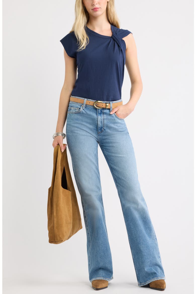 Twist Neck Asymmetric Sleeve Cotton Top, Alternate, color, NAVY STILL