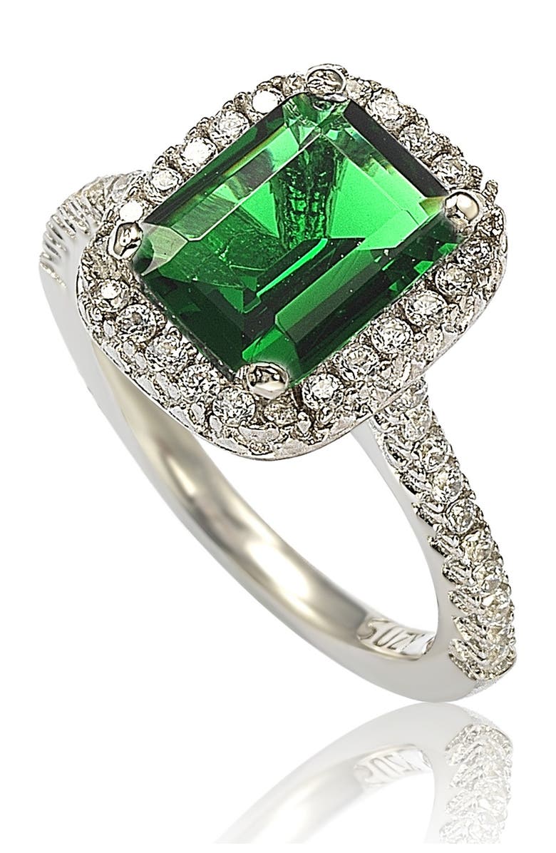 SUZY LEVIAN Sterling Silver Emerald Cut Green CZ Halo Ring, Main, color, Green