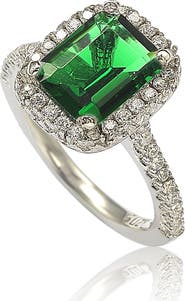 SUZY LEVIAN Sterling Silver Emerald Cut Green CZ Halo Ring