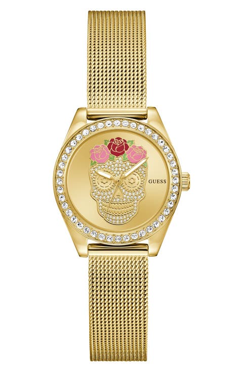 Day of the Dead Goldtone Mesh Strap Watch, 30mm
