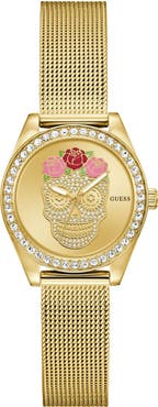 GUESS Day of the Dead Goldtone Mesh Strap Watch, 30mm