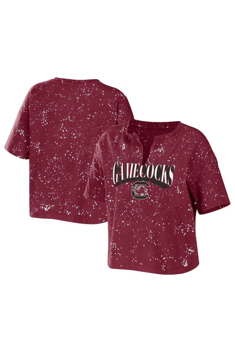 Women's WEAR by Erin Andrews Garnet South Carolina Gamecocks Bleach Wash Splatter Cropped Notch Neck T-Shirt, Main, color, Garnet