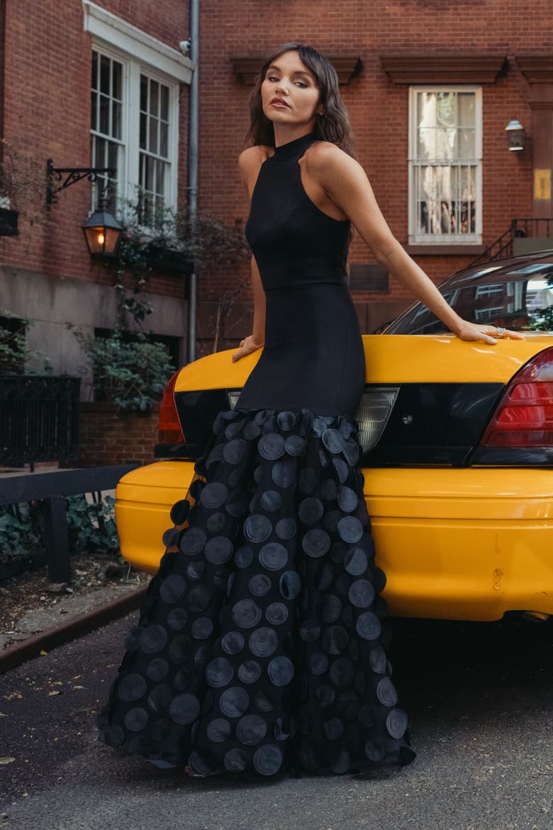 Women's Halter Neck Rosette Ball Gown, Alternate, color, Black