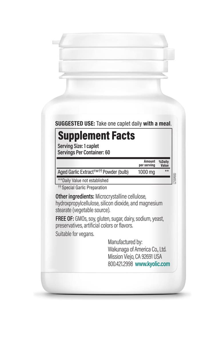 Kyolic Aged Garlic Extract Formula 250, Cardiovascular Health, One Per Day 60 Ct Caplets, Alternate, color, NO COLOR