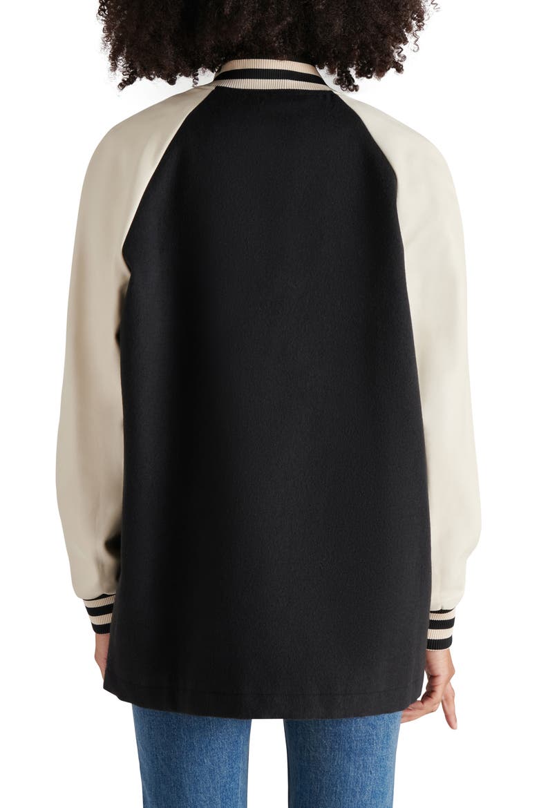 Skylie Faux Leather Sleeve Twill Stadium Bomber Jacket, Alternate, color, BLACK