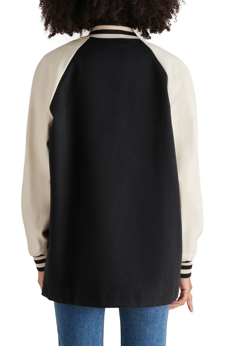 Steve Madden Skylie Faux Leather Sleeve Twill Stadium Bomber Jacket, Alternate, color, 