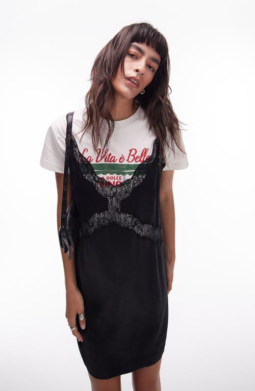 Topshop Lace Trim Satin Mini Slipdress In Black