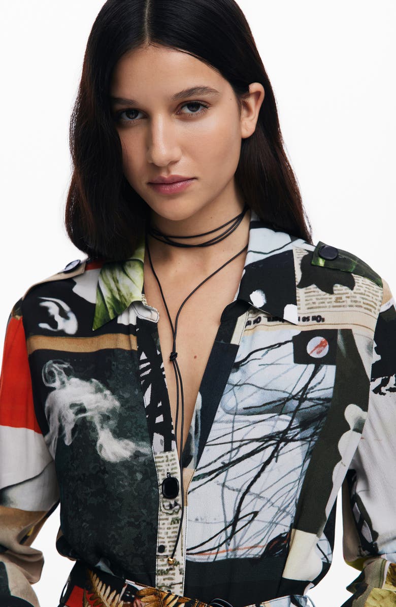 Desigual Belted Long Sleeve Crepe Maxi Shirtdress, Alternate, color, White Multi