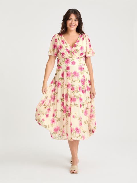 Victoria Floral Angel Sleeve Midi Dress