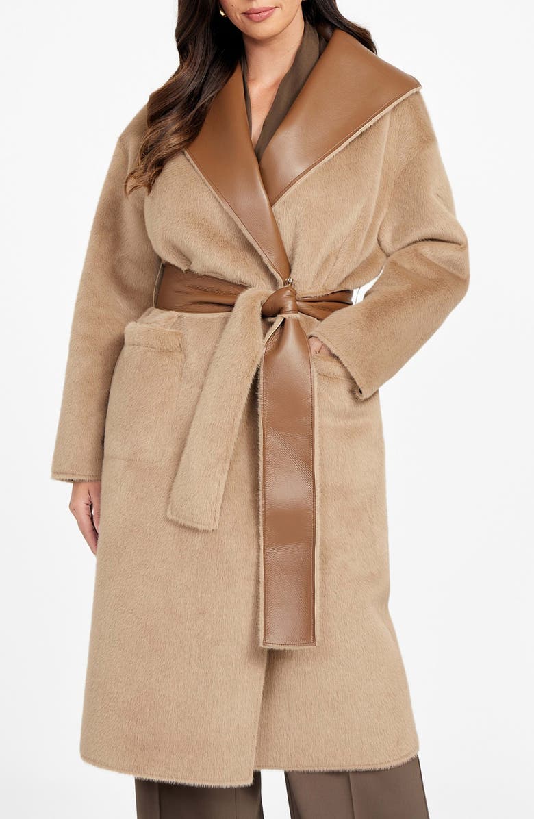 Marciano Ines Reversible Faux Leather & Faux Fur Coat, Main, color, Light Taupe