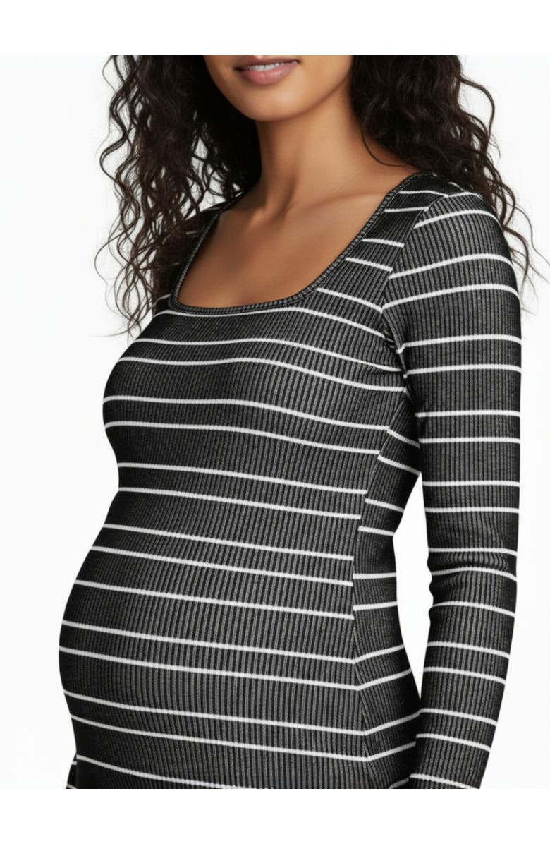 MOTHERHOOD MATERNITY Square Neck Rib Knit Long Sleeve Bodycon Maxi Dress, Alternate, color, Black & White Stripes
