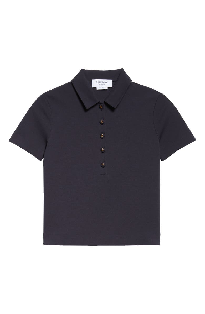 Thom Browne Milano Knit Cotton Polo with Anchor Embossed Buttons, Alternate, color, Navy