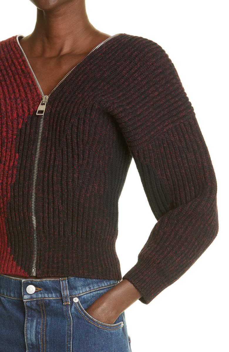 McQueen Alexander McQueen Anemone Intarsia Rib Wool Zip Sweater, Alternate, color,