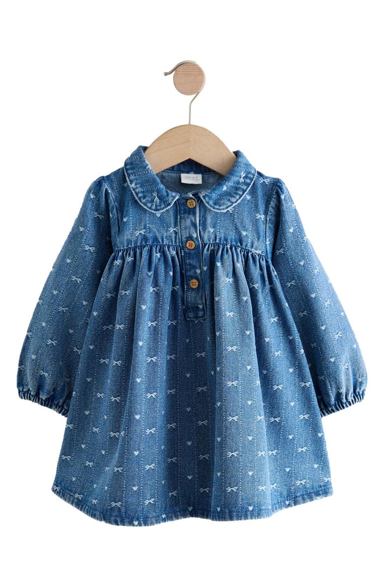NEXT Kids' Bow Long Sleeve Denim Dress, Alternate, color, Blue