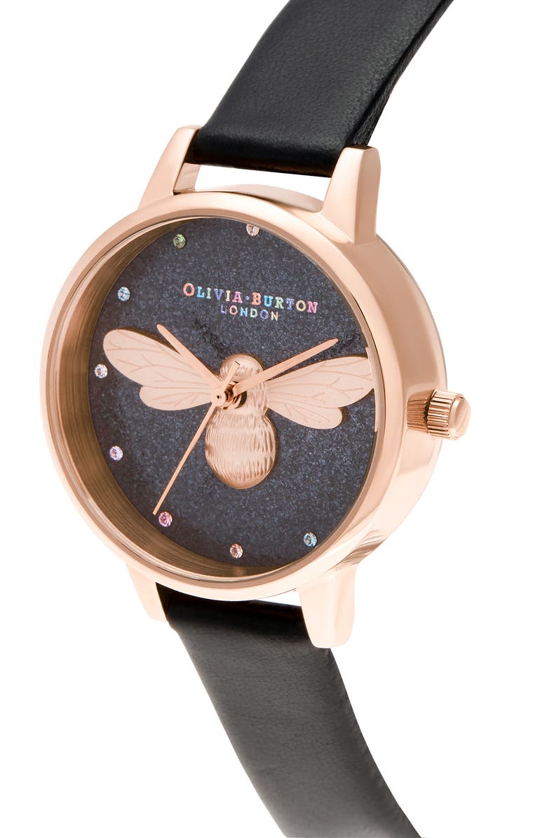 Olivia Burton Lucky Bee Black Glitter Dial Watch, 30mm, Alternate, color, Black