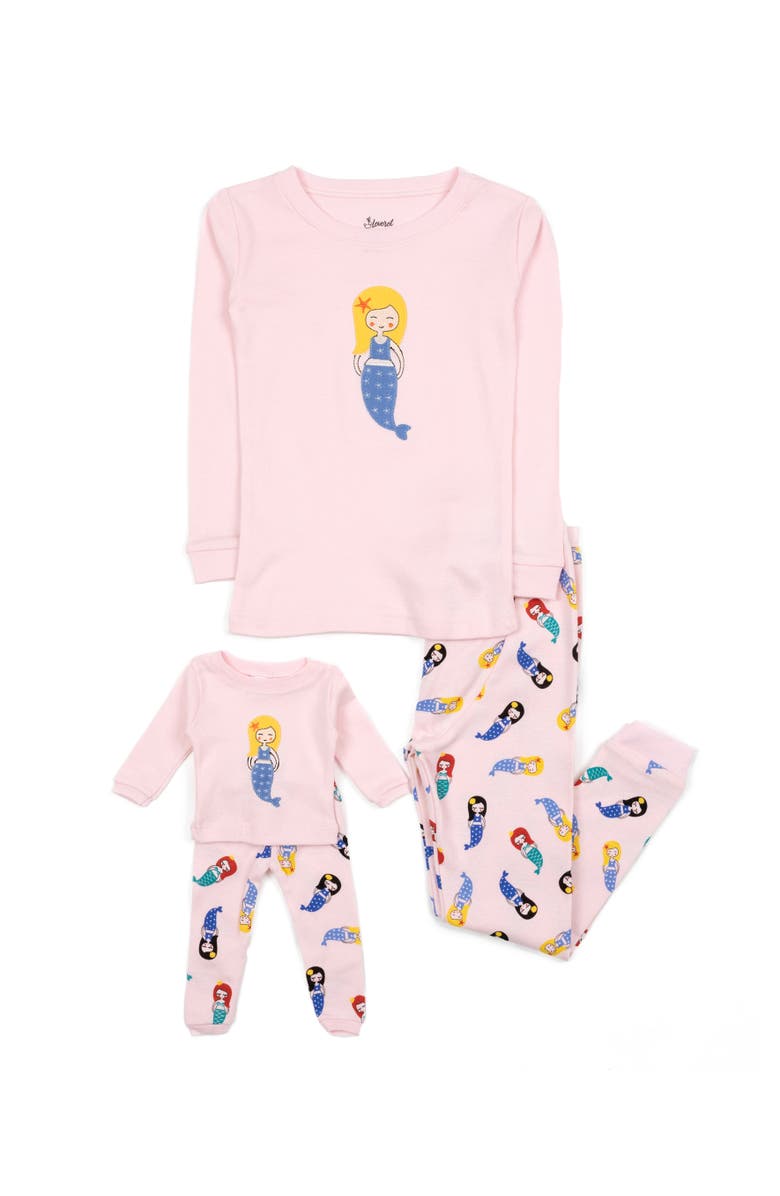 Leveret Girls 2-pc. Cotton Pajamas with Matching Doll Accessory - Unicorn & Fantasy Prints, Main, color, Mermaid Light Pink