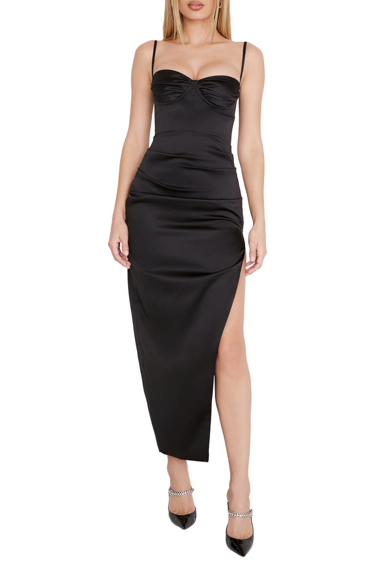 Flora Pleated Satin Midi Dress, Main, color, BLACK