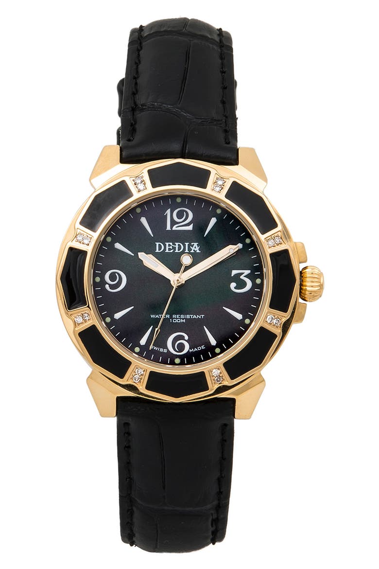Lily L Croc Embossed Leather Strap Watch, 33mm x 36mm, Main, color, BLACK/ GOLD