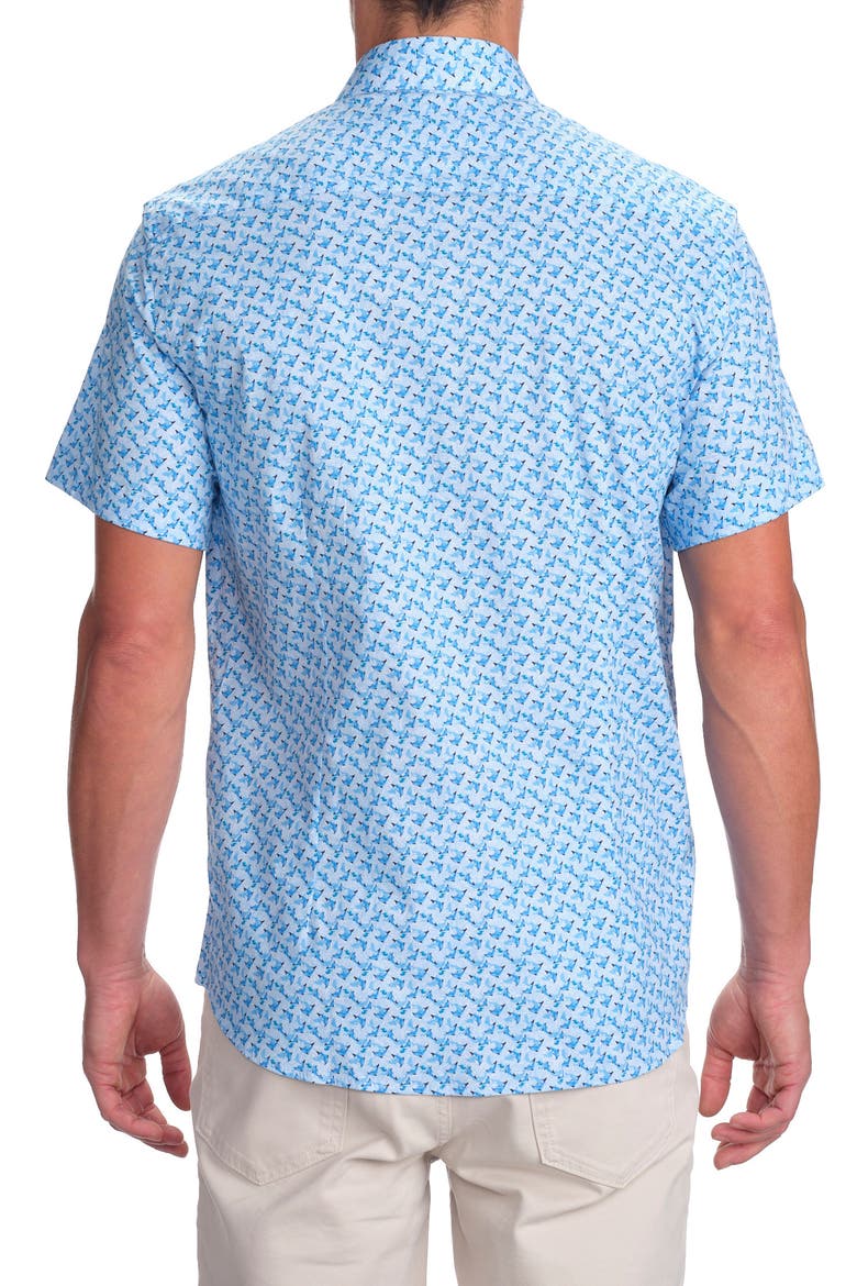 Dolphin Print Short Sleeve Cotton Button-Up Shirt, Alternate, color, BLUE
