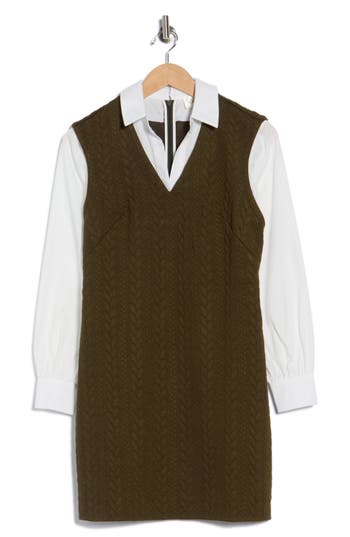 Eliza J Long Sleeve Twofer Shirtdress In Brown
