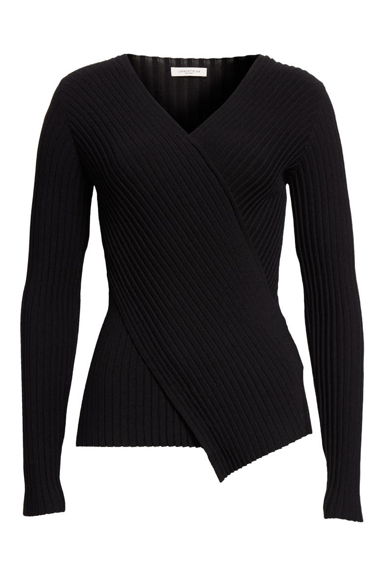 Wrap Front V-Neck Rib Sweater, Alternate, color, BLACK