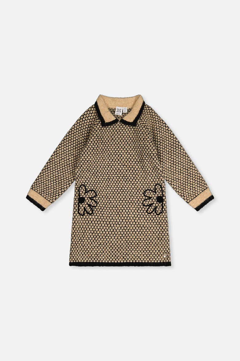 Knit Collar Honeycomb Floral Embroidery Dress, Main, color, Beige and Black