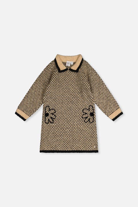 Knit Collar Honeycomb Floral Embroidery Dress