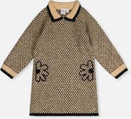 Deux par Deux Knit Collar Honeycomb Floral Embroidery Dress