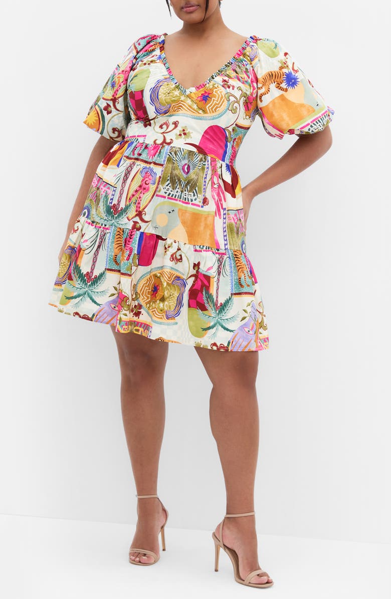 City Chic Simona Puff Sleeve Fit & Flare Minidress, Main, color, Dreamscape