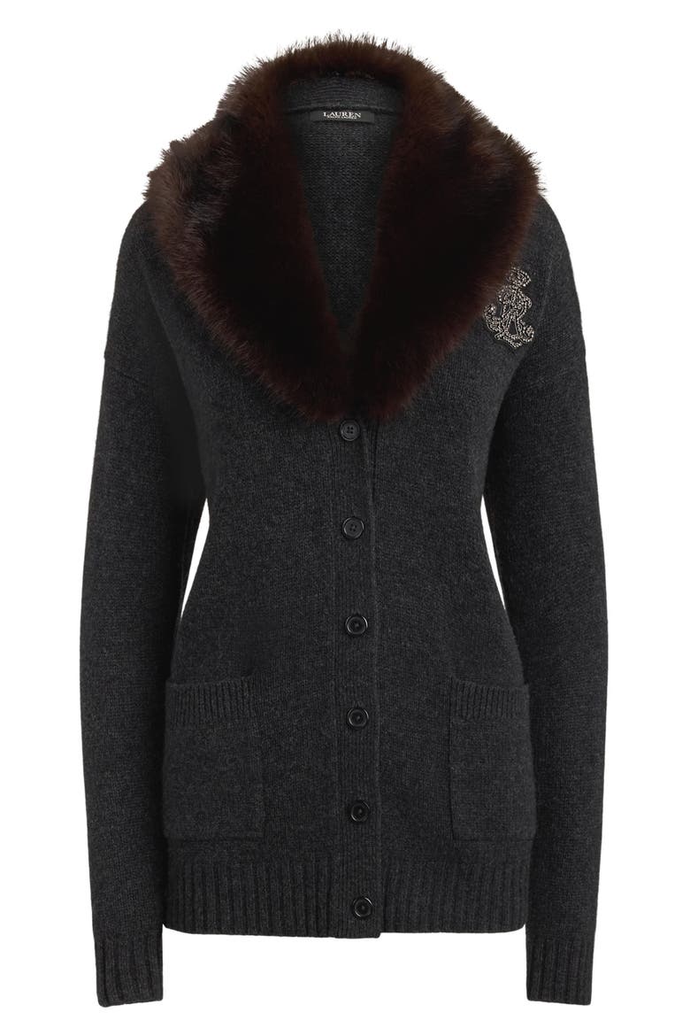 Faux Fur Trim Wool & Cashmere Cardigan, Alternate, color, GREY