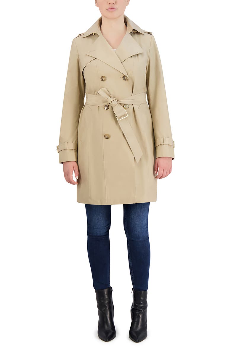 Cole Haan Signature Cole Haan Hooded Double-Breasted Trench Coat, Alternate, color, Khaki