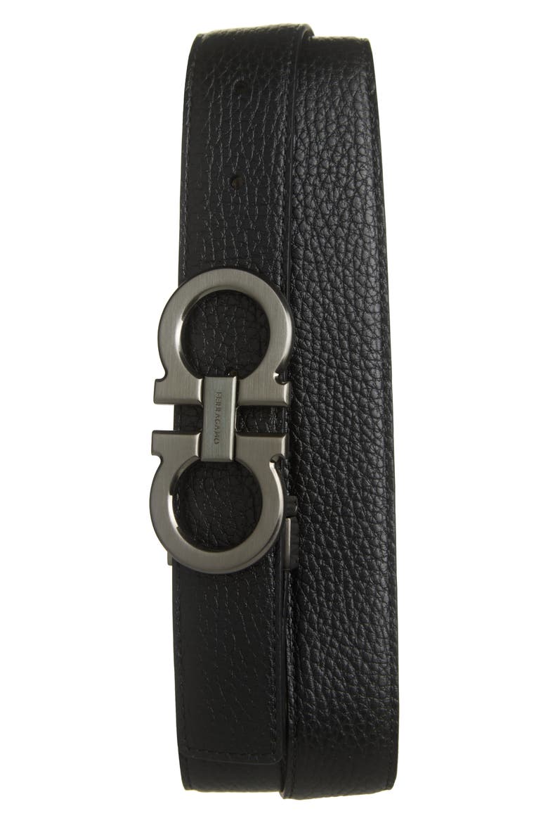 Double Gancio Pebbled Leather Belt, Main, color, NERO CLAY