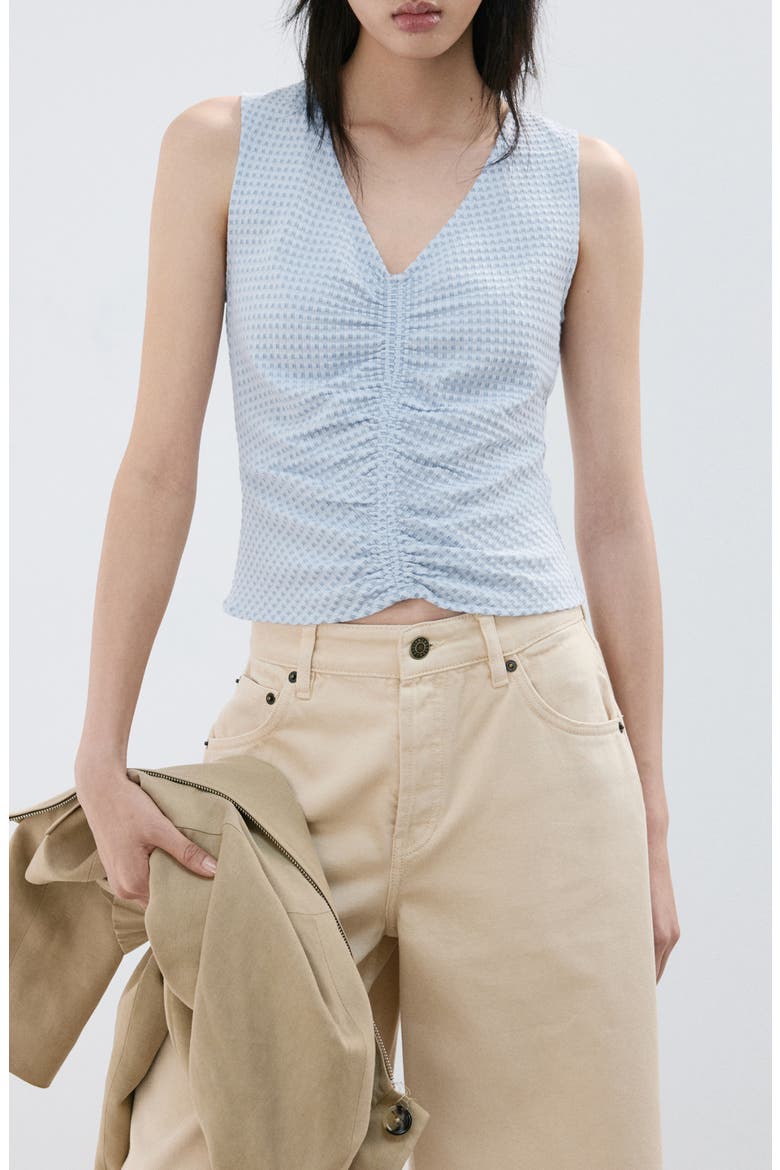 Micro Check Ruched Cotton Blend Top, Main, color, SKY BLUE